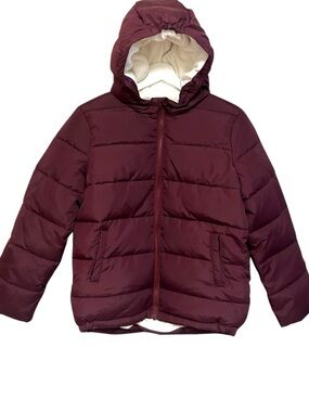 Primary 12 winter puffer coat fleece lined insulated zip up jacket hooded plum